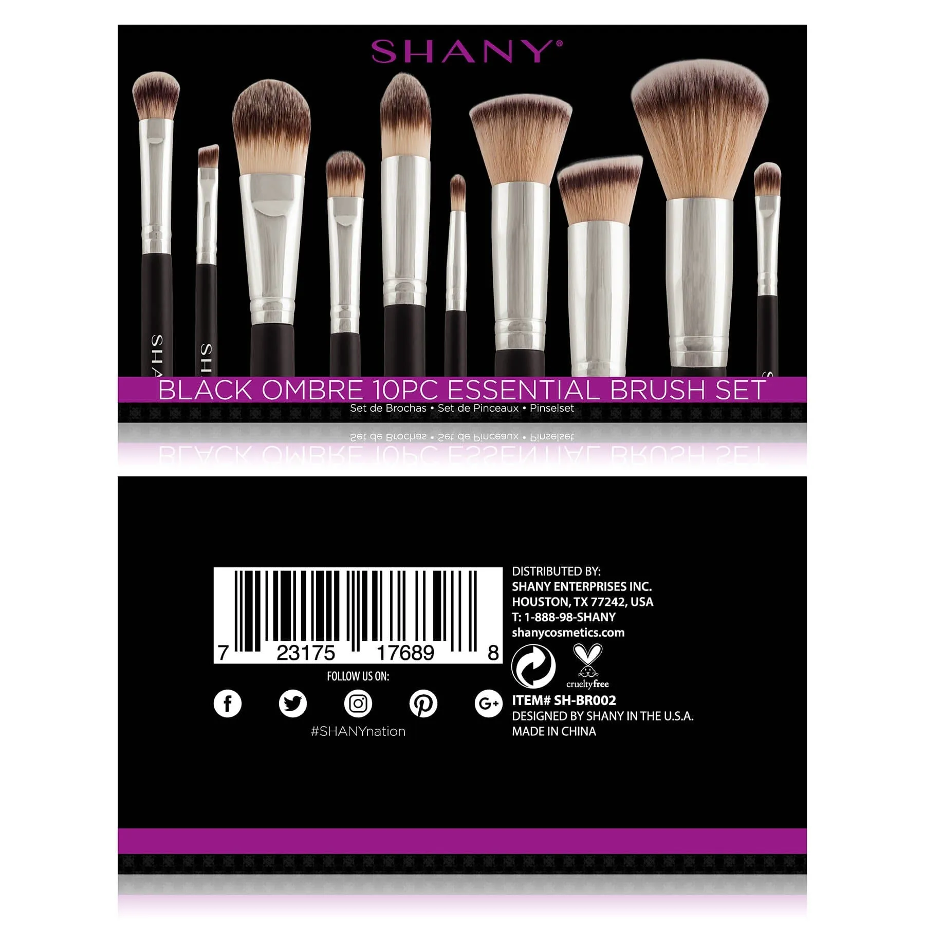 Black OMBRE Pro 10 PC Essential Makeup Brush Set with Travel Pouch