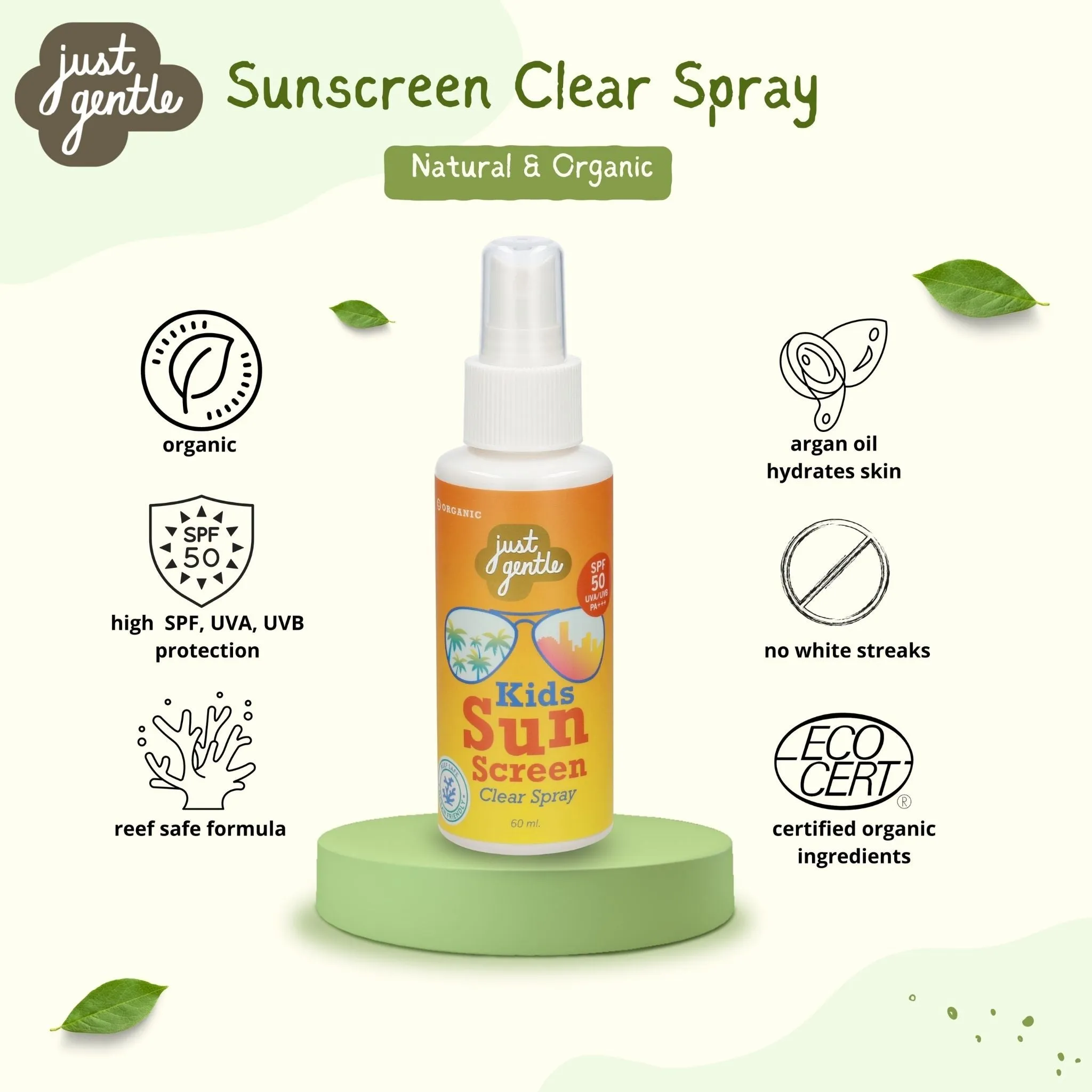 Just Gentle Kids Sunscreen Spray - SPF 50/UVA - Non Nano Mineral Based Formula