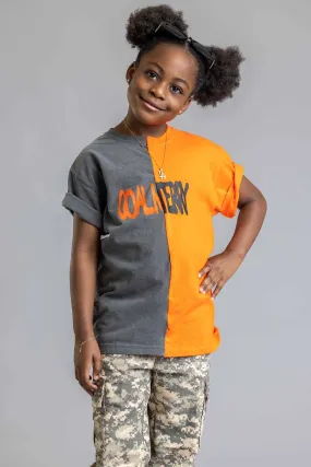 KIDS DARK GREY N ORANGE TWO-TONE SPRAY CNT CROP TEE