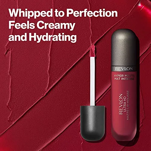 REVLON Ultra HD Lip Mousse Hyper Matte, Longwearing Creamy Liquid Lipstick in Red / Coral, Red Hot (815), 0.2 oz