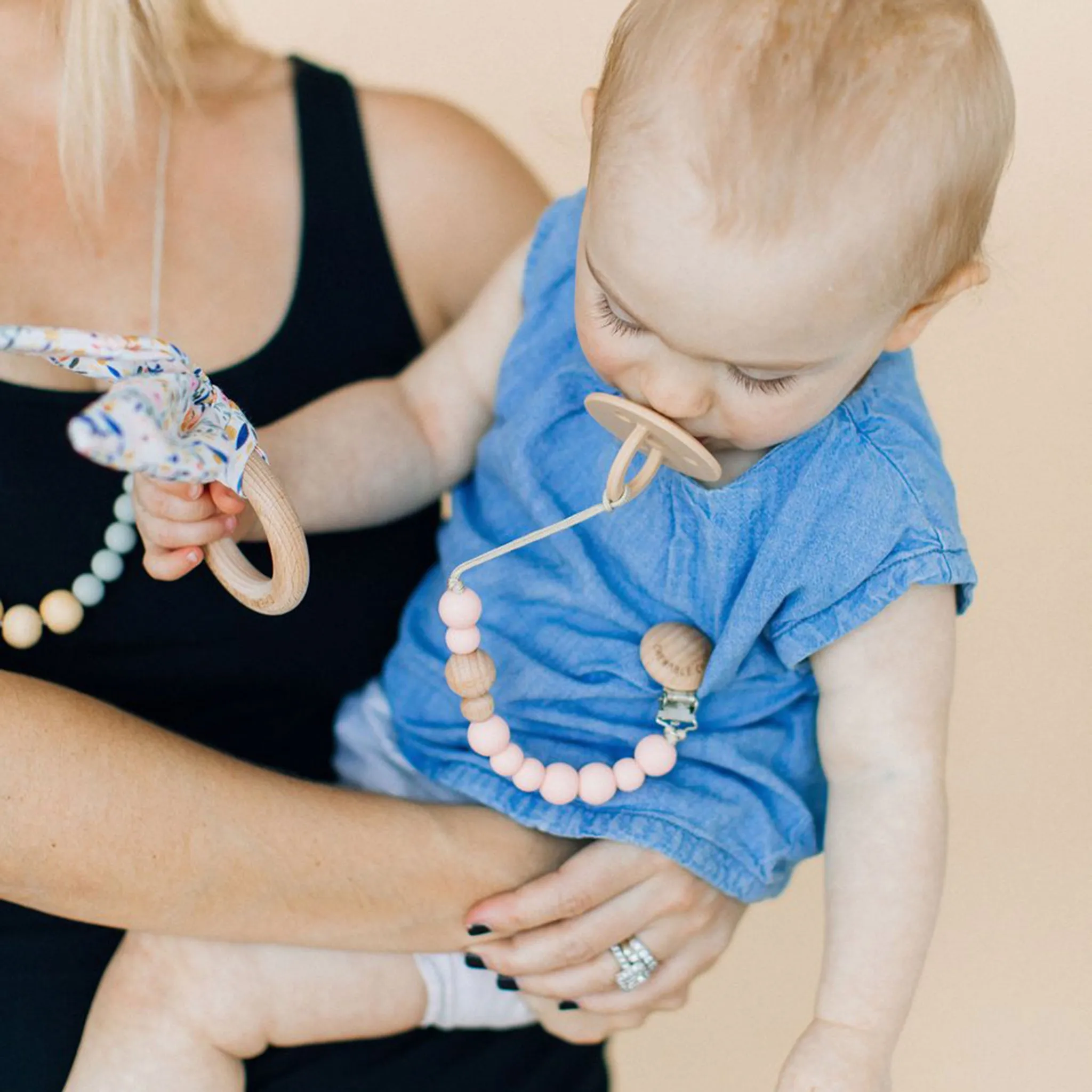 Silicone   Wood Pacifier Clip - Pale Blush